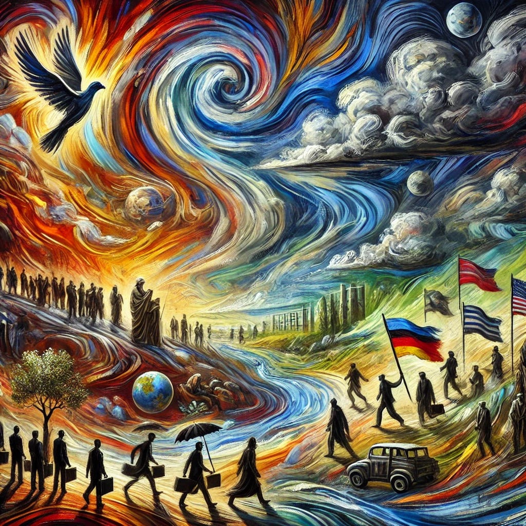 An abstract representation of the conflict between human rights and democratic norms in the context of asylum and migration. Swirling brushstrokes and contrasting colors depict the tension between the humanitarian legal framework and rising political pressures. Figures in motion symbolize asylum seekers, with elements representing international treaties and national laws. A dramatic sky with dark and vibrant colors illustrates the looming threat to democracy and human rights. The scene evokes a sense of urgency and complexity, resembling an oil on canvas painting in an expressionistic style.