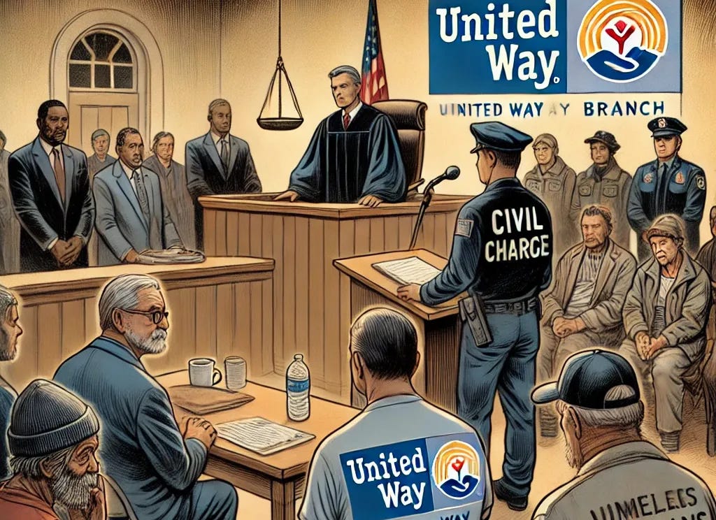 A courtroom scene depicting a trial for racketeering and civil charges against a nonprofit executive representing a United Way branch. The executive sits at the defense table with lawyers, while the prosecution presents evidence. The judge presides over the tense proceedings. Outside the courthouse, a group of homeless individuals and veterans stand nearby, looking frustrated and neglected, symbolizing their struggle to access services. The atmosphere conveys a sense of injustice and urgency.