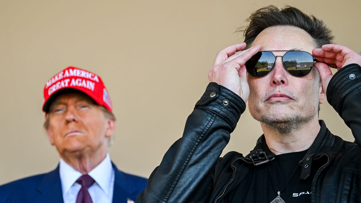 Donald Trump and Elon Musk watch the launch of the sixth test flight of the SpaceX Starship rocket on November 19, 2024 in Brownsville, Texas