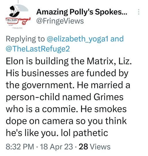 May be an image of text that says '9:29 69% Tweet Amazing Polly's Spokes... @FringeViews Replying to @elizabeth_yoga1 and @TheLastRefuge2 Elon is building the Matrix, Liz. His businesses are funded by the government. He married a person-c named Grimes who is a commie. He smokes dope on camera so you think he's like you. lol pathetic 8:32 PM 18 Apr 23 28 Views × Tweet your reply'