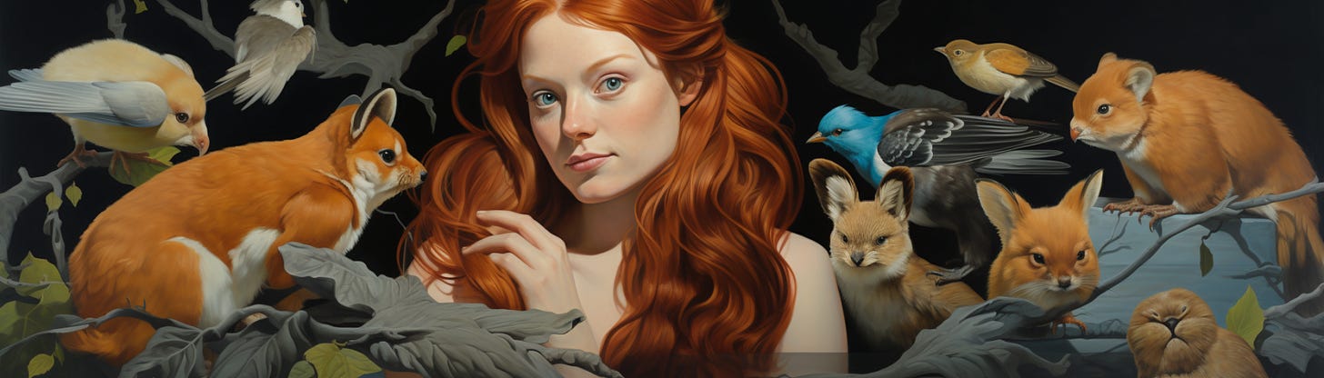 red-haired woman surrounded by forest animals
