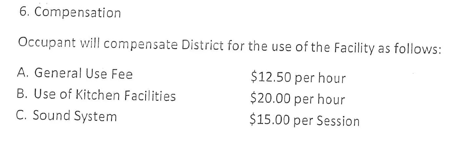 Copy of fees listed for renting space in schools from Black Canyon City district