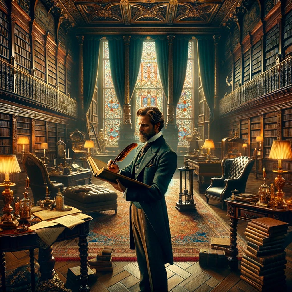 An alpha male, distinguished and poised, stands in the midst of a grand, opulent library filled with towering bookshelves, intricate woodwork, and plush, velvet curtains. He is recording a scene from the Industrial Revolution, surrounded by antique furniture that exudes wealth and history. The man is dressed in period attire that suggests authority and sophistication, with a crisp, tailored suit, a waistcoat, and a pocket watch. The room is lit by the warm glow of oil lamps and the natural light streaming through large, stained glass windows, casting colorful patterns on the polished wooden floor. In his hands, he holds a large, leather-bound book open to a detailed illustration of the Industrial Revolution, capturing the essence of the era with a feather quill pen. The atmosphere is one of intellectual pursuit and historical exploration, embodying the essence of discovery and enlightenment.