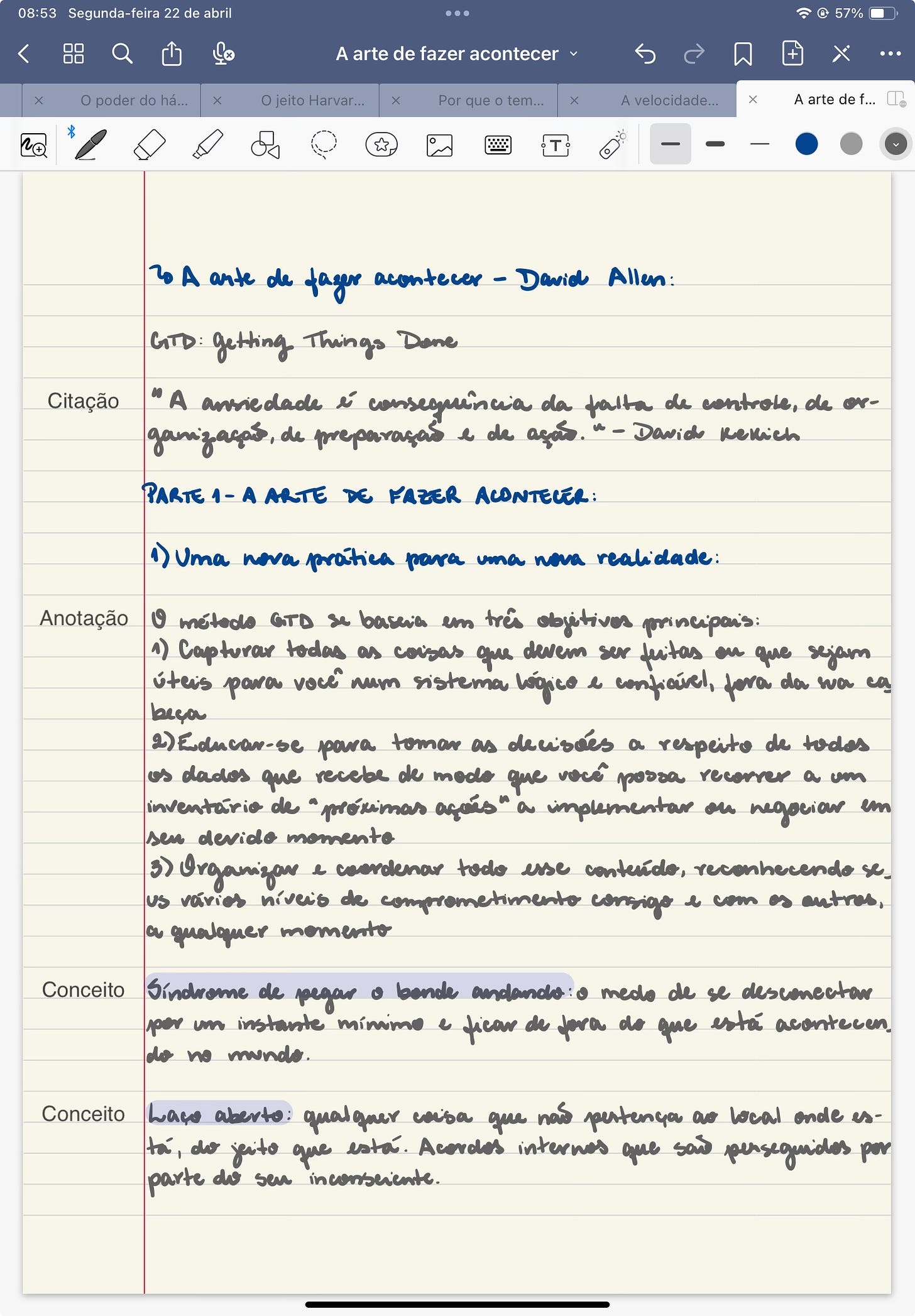 Tela do GoodNotes dentro de um caderno, com anotações sobre o livro "A arte de fazer acontecer" de David Allen. Tem um exemplo de citação, um de anotação e dois de conceitos.