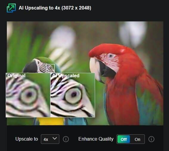 Screenshot of the in-app view of Upscale.Media interface that lets you hover over parts of image to see the upscaling effect and compare it to the original.