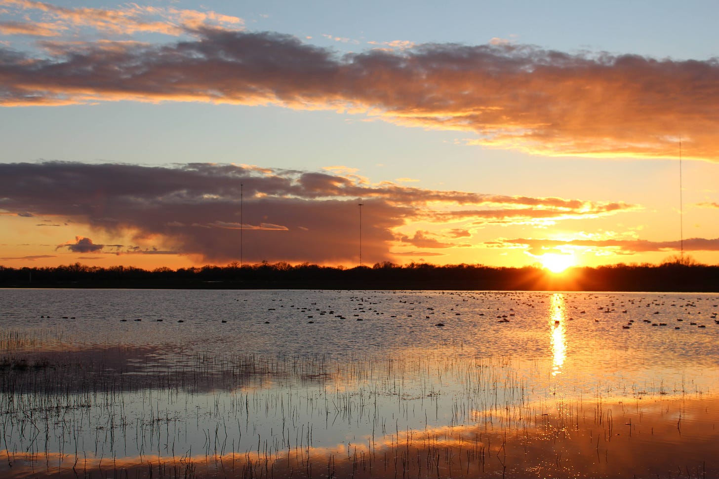 The sun setting in the horizon, with clouds hanging in the air. Sunlight reflects against a body of water in the foreground.