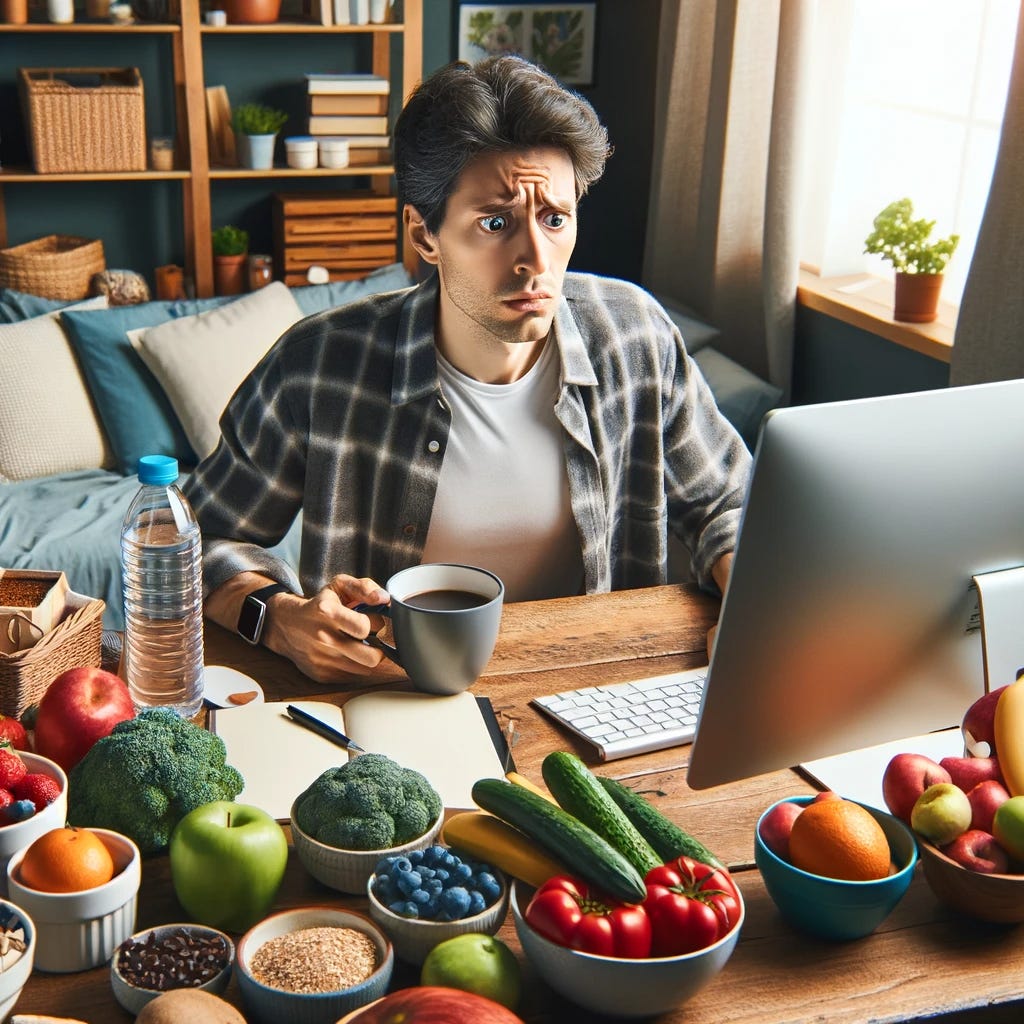 A person sitting at a desk, surrounded by healthy foods like fruits, vegetables, and whole grains, with a cup of coffee and a water bottle. They are staring at their computer screen with a puzzled and slightly overwhelmed expression, as if trying to make sense of conflicting health advice. The person's expression conveys confusion and indecision, embodying the challenge of balancing various health recommendations with personal preferences and restrictions. The setting is a cozy home office, reflecting a personal and intimate atmosphere.