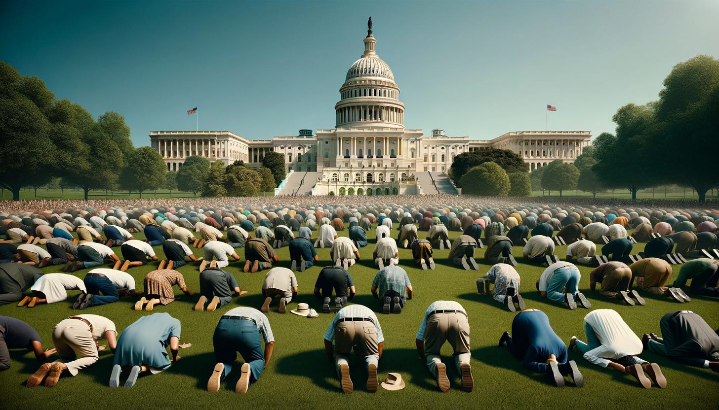 A realistic scene outside the US Capitol building, with a focus on the correct orientation of the people. The image features a diverse group of men and women, including Caucasian, Hispanic, Black, Middle-Eastern, and South Asian individuals, gathered on the green grounds of the Capitol. They are facing towards the Capitol building, bowing and prostrating themselves in a display of religious zeal. The Capitol building is in the background, under a clear blue sky. The atmosphere is solemn and devout, with individuals in various postures of reverence and prayer, all oriented towards the Capitol.