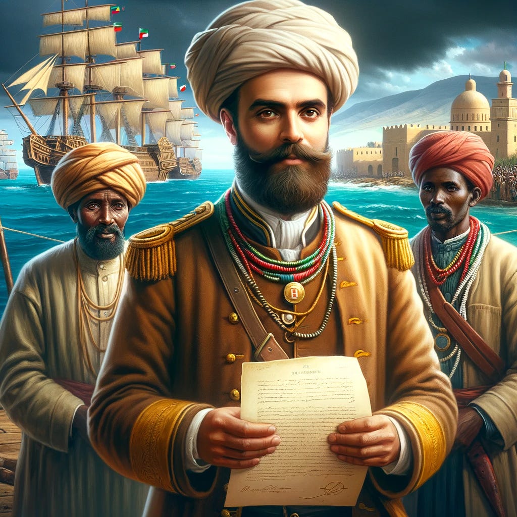 AI's imagination of the key figures involved in the purchase of the Bay of Assab by Italy. The image showcases Giuseppe Sapeto, an Italian missionary turned explorer, in the foreground, dressed in 19th-century explorer attire and holding documents that symbolize the transaction. Behind him stand two local Danakil chieftains, Hassan-ben-Ahmad and Ibrahim-ben-Ahmad, wearing traditional attire. The backdrop features the strategic Red Sea coast of Africa during the Scramble for Africa, with hints of the Bay of Assab and traditional sailing vessels.