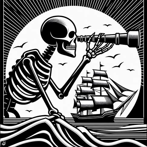 skeleton sailing on a ship with a spyglass in black and white art deco simple. Image 4 of 4
