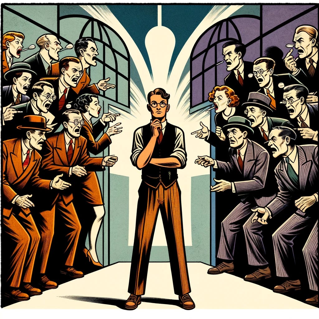 Illustrate a scene in a 1930s comic, art deco style, depicting a puzzled voter standing in the middle of a political debate. On one side, members of one political party passionately argue their points, marked by bold, dynamic lines and geometric shapes characteristic of art deco, showcasing their unity and agreement. On the other side, the opposing party is shown with a split among its members, some criticizing their own party, depicted with contrasting expressions and a mix of straight and curved lines, representing division and introspection. The voter, dressed in period-appropriate attire, appears thoughtful and uncertain, caught between the two sides. The overall composition should convey the essence of partisan perspectives and the complexity of political discussions, with a focus on the contrast between party loyalty and critical thinking.