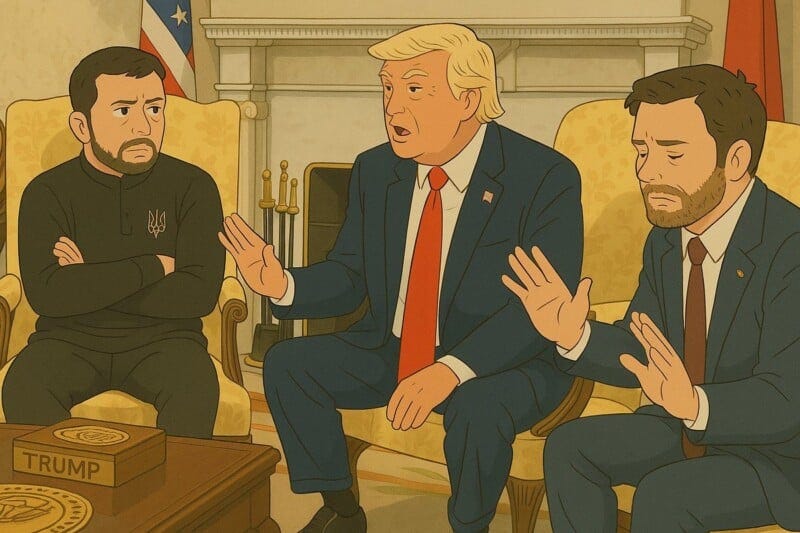 Illustration of a meeting between three animated figures in suits sitting in an ornate room. The central figure gestures while speaking, flanked by two others listening intently with varied expressions. A flag and a nameplate are visible.