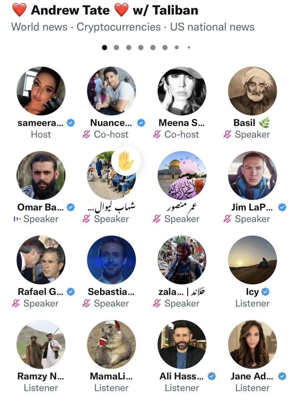 Picture of Twitter spaces featuring Sameera Khan and "the Taliban" discussing Andrew Tate