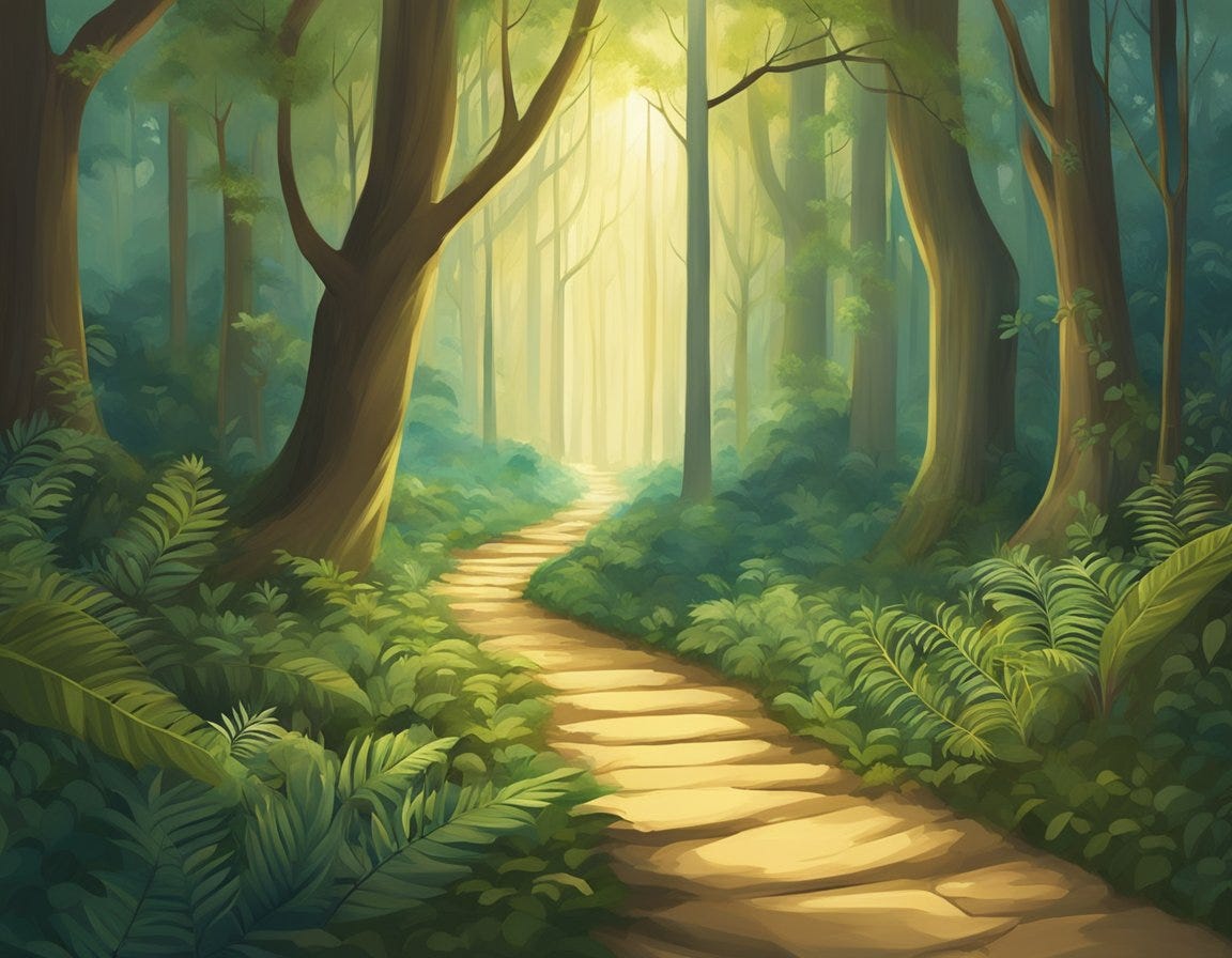 A narrow, winding path leads through a dense forest, with obstacles and barriers scattered along the way. The path is illuminated by a soft, warm light, symbolizing the journey towards spiritual growth and wholeness