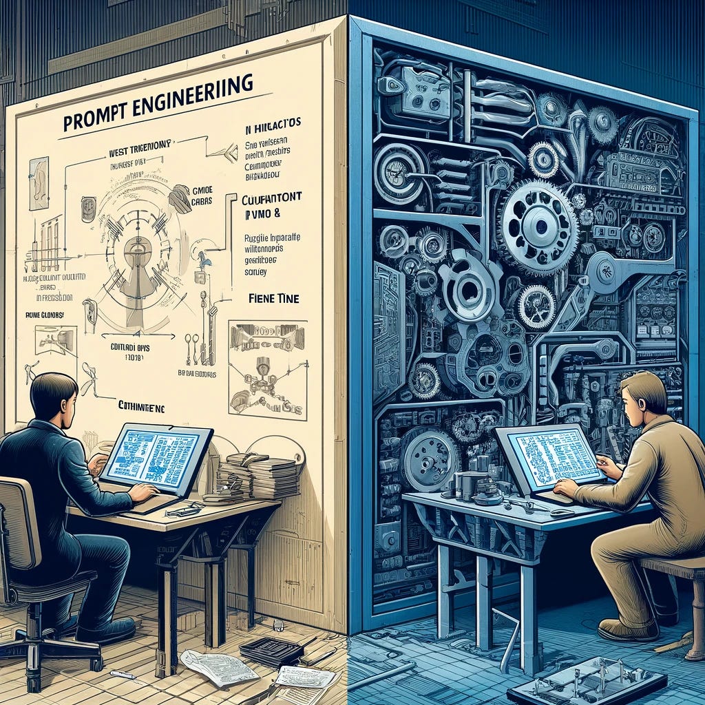 A conceptual illustration showing two sides. On the left, a person (depicted as a scholar) is sitting at a desk with papers marked with various commands and diagrams, symbolizing 'Prompt Engineering'. They are interacting with a large, complex machine without changing its parts, just tweaking the inputs. On the right, another person (depicted as a mechanic or engineer) is actively modifying the internal components of a similar machine, symbolizing 'Fine Tuning'. They are equipped with tools and adjusting gears and circuits. This image represents the differences between tweaking inputs vs. modifying the system itself, set in a futuristic workshop environment.