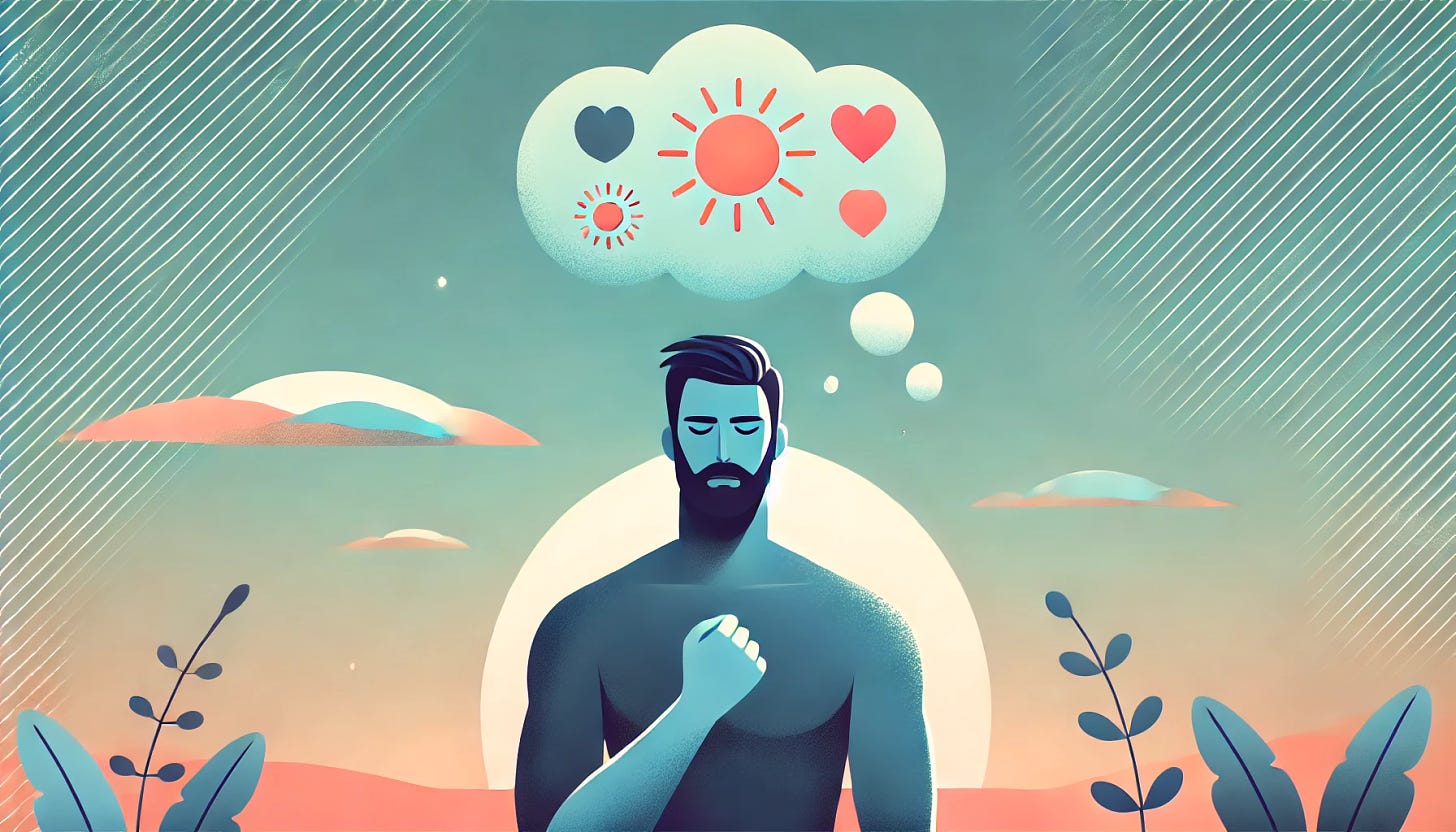 A serene illustration depicting self-compassion and inner peace. A strong, stoic figure stands in the center, with a contemplative expression and hand placed over the heart, symbolizing self-acceptance. Above the figure, thought bubbles contain symbols of hearts and a sun, representing positive emotions, self-love, and growth. The background features soft pastel colors and gentle shapes, evoking calm and balance.