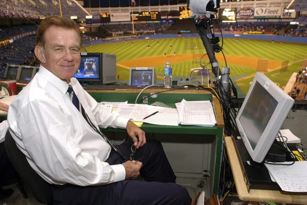 FILE - Baseball announcer Tim McCarver poses in the press box before the start of Game 2 of the American League Division Series on Oct. 2, 2003 in New York. McCarver, the All-Star catcher and Hall of Fame broadcaster who during 60 years in baseball won two World Series titles with the St. Louis Cardinals and had a long run as the one of the country's most recognized, incisive and talkative television commentators, died Thursday morning, Feb. 16, 2023, in Memphis, Tenn., due to heart failure, baseball Hall of Fame announced. He was 81. (AP Photo/Kathy Willens, File)