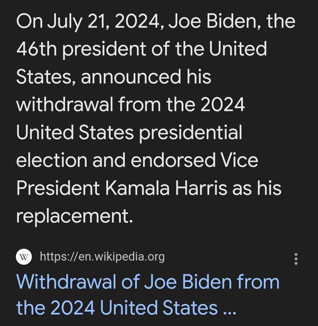 May be an image of the Oval Office and text that says 'On July 21, 2024, Joe Biden, the 46th president of the United States, announced his withdrawal from the 2024 United States presidential election and endorsed Vice President Kamala Harris as his replacement. w https://en.wikipedia.org Withdrawal of Joe Biden from the 2024 United States...'