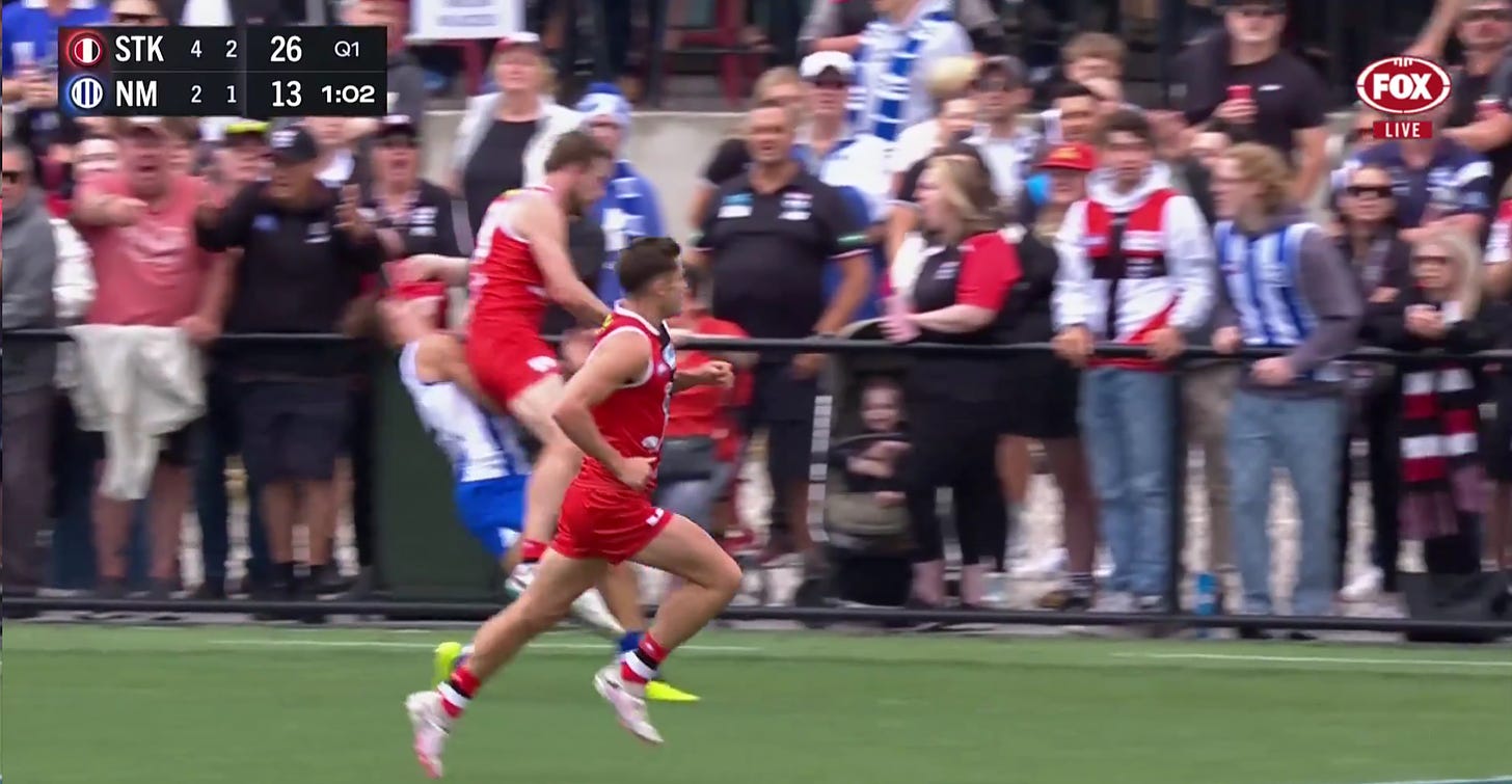 Jimmy Webster hits Jy Simpkin during the AAMI Community Series. Picture: Fox Footy Broadcast