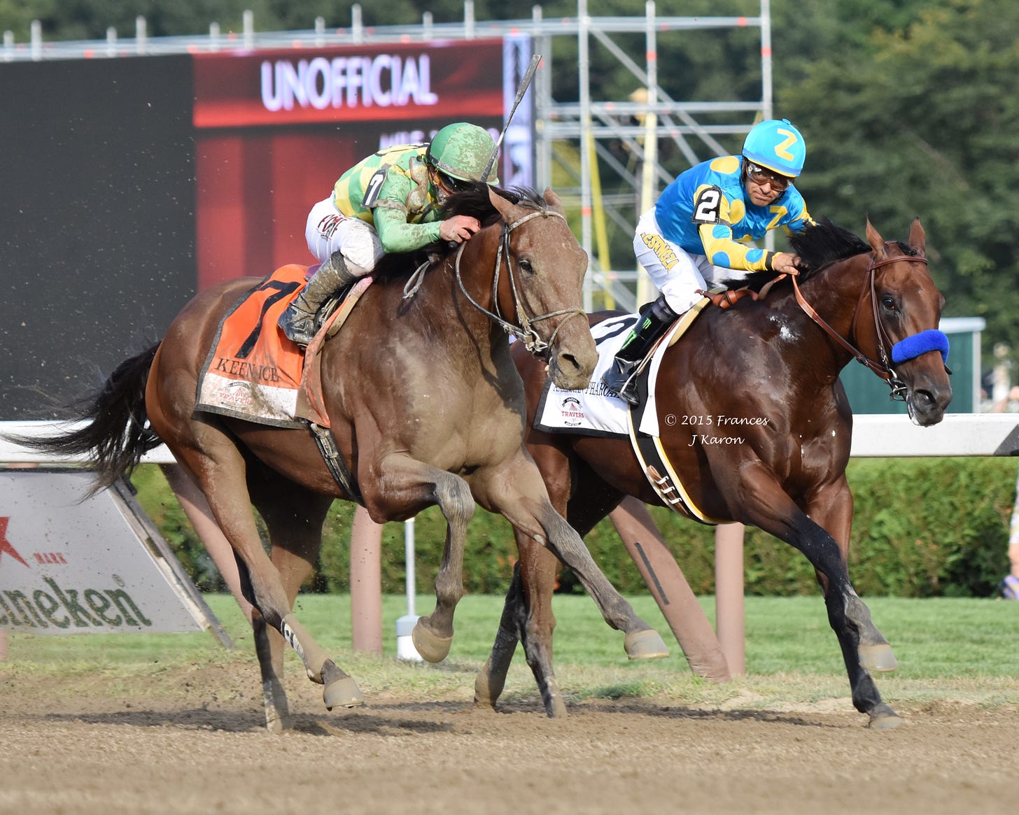 Curlin’s son Keen Ice (outside) defeating Triple Crown winner American Pharoah in the G1 Travers at Saratoga.
