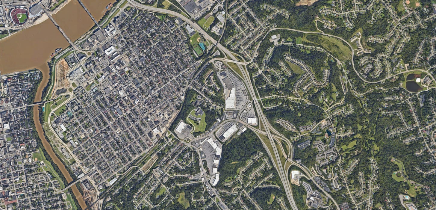 Aerial view of Great American Ball Park and surrounding area