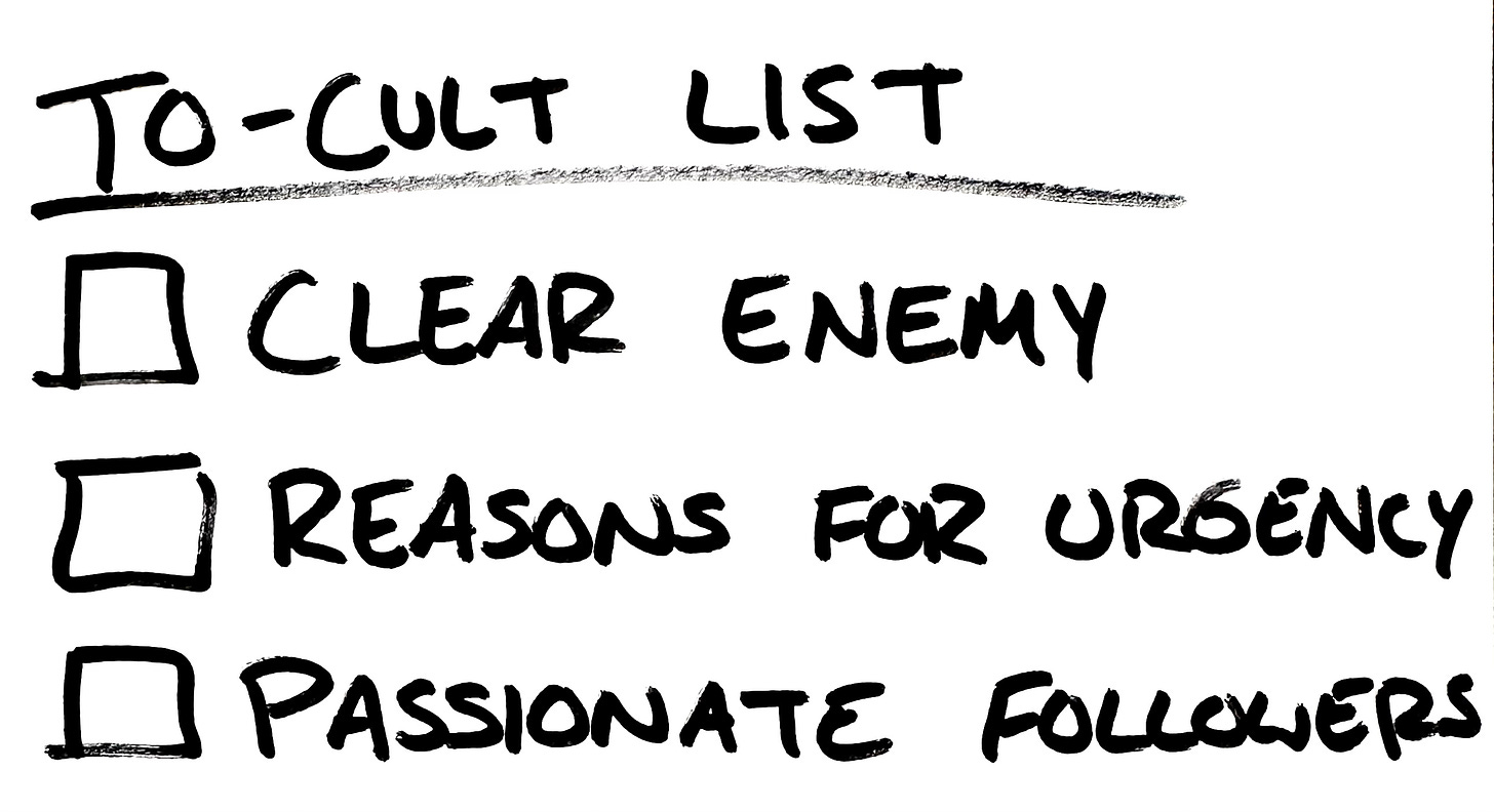 a hand written list titled to-cult list. The list is 3 checkboxes: clear enemy, reasons for urgency, passionate followers.