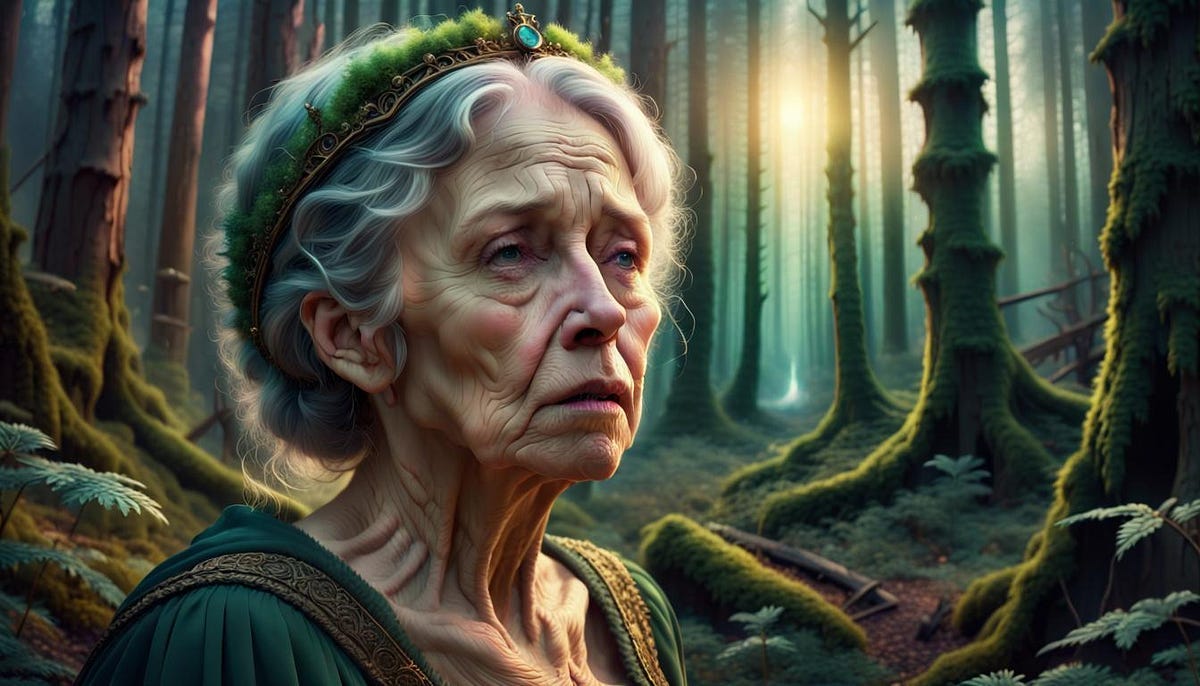 Head and shoulders, old lady in forest