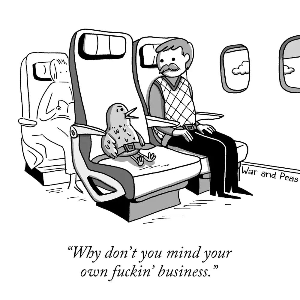 A cartoon by War and Peas shows a bird sitting in an airplane seat, wearing a seatbelt and angrily saying to a man next to them, "Why don’t you mind your own fuckin’ business." 