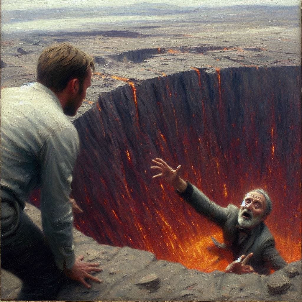 “Old Mads Mikkelsen falling into a colossal wide crater with lava at the bottom, with destruction all around it. Ryan Gosling is looking down at the smaller Mads, having just pushed him in. Mads fruitlessly reaches out with a hand. Impressionist art.”