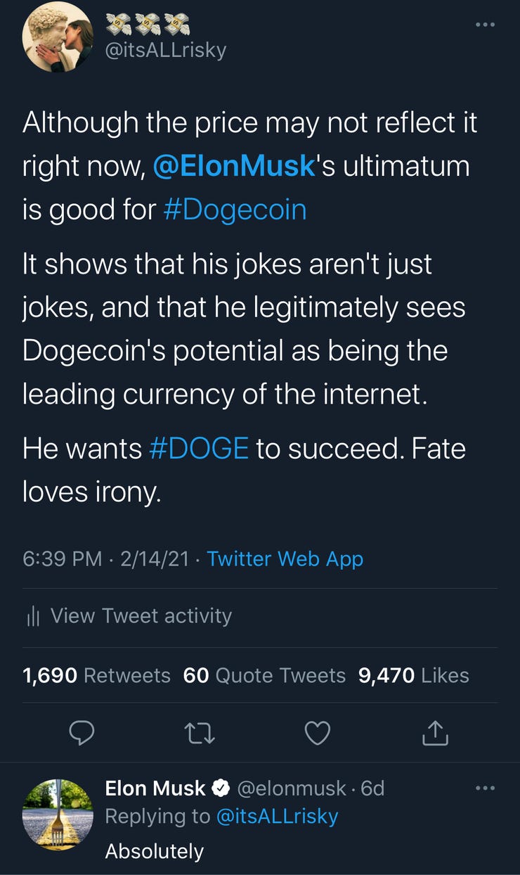 Elon confirms that he's not just joking about Dogecoin