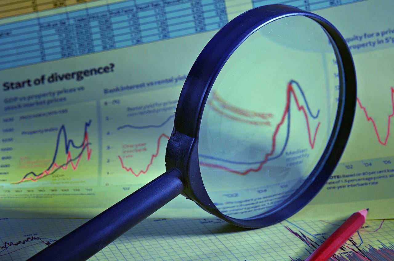 Close up of a page showing graphs with red and blue lines, and a magnifying glass and pencil in the foreground.