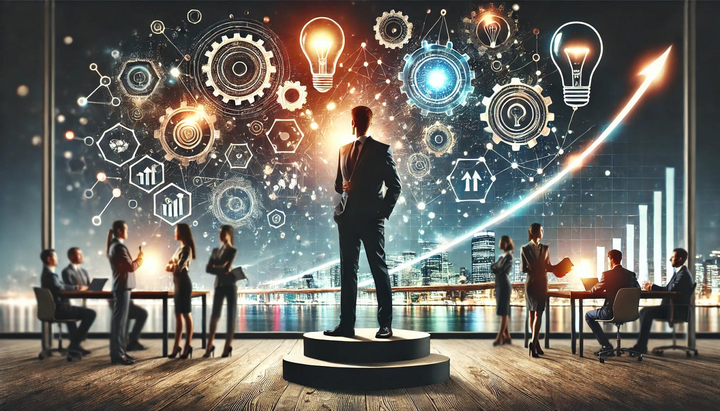 A visually striking image of a confident CEO standing on a podium in a modern corporate setting, radiating leadership while sharing innovative ideas. Surrounding them are dynamic, glowing symbols of growth, transformation, and collaboration, such as interconnected gears, lightbulbs, and upward arrows. The scene emphasizes thought leadership and the power of ideas, with a subtle futuristic aesthetic and a professional, inspiring tone.