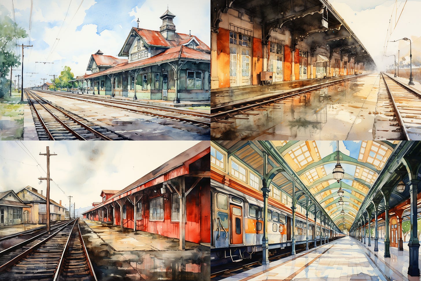 Four-image Midjourney grid of watercolor paintings of train stations without people, clocks, or flowers