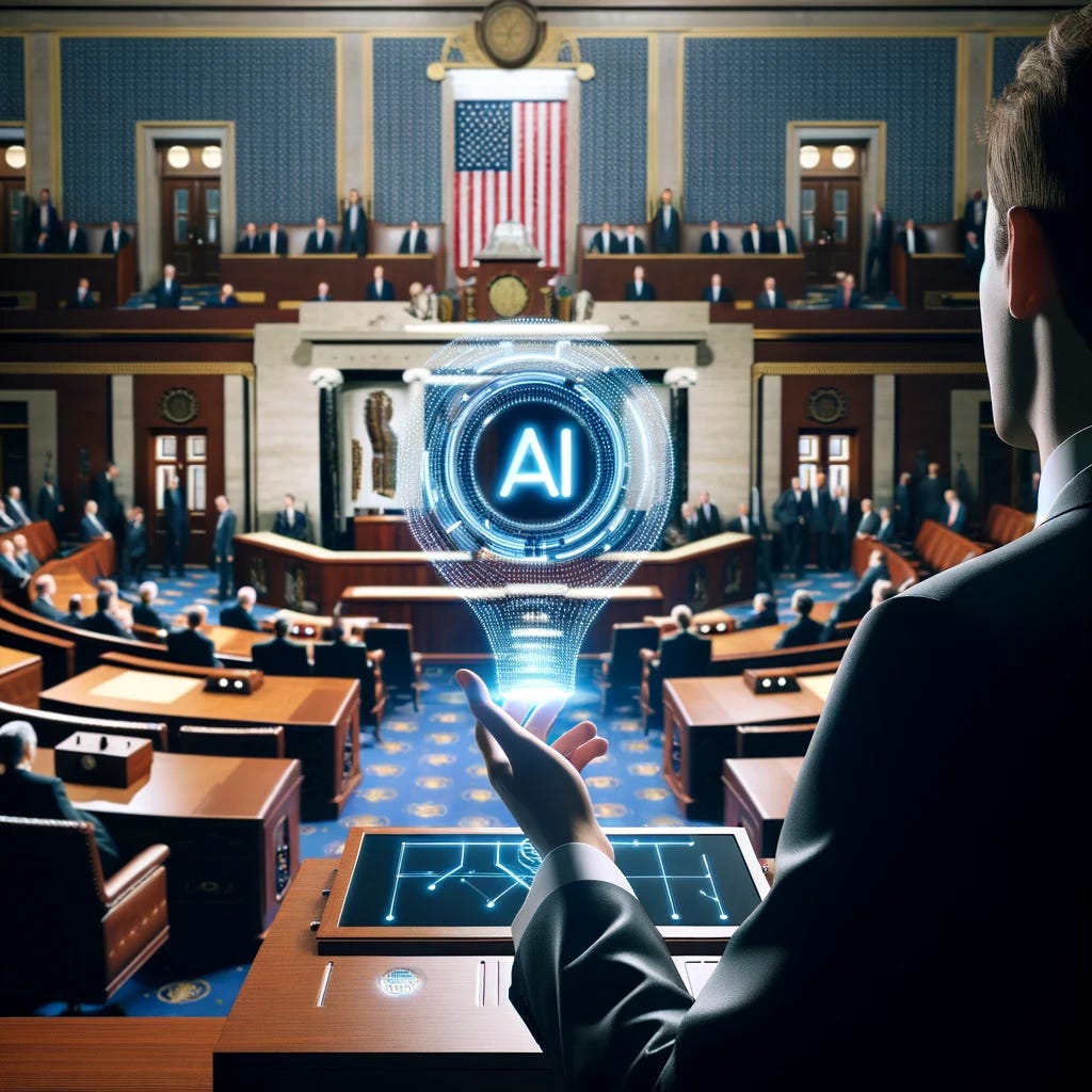 Create a lifelike image depicting a scene on the house floor of the US government, where a person is utilizing AI technology, symbolized by a sleek, modern device with a generic tech logo inspired by innovation. This device displays a glowing, abstract symbol that evokes the essence of AI, without depicting any specific real-world logos. The setting is formal, capturing the grandeur and solemnity of the legislative environment. The individual, dressed in professional attire, is focused and engaged, illustrating the integration of futuristic technology in the process of governance. The background includes the iconic elements of the house floor, such as desks, flags, and other governmental symbols, conveying a sense of authority and tradition.