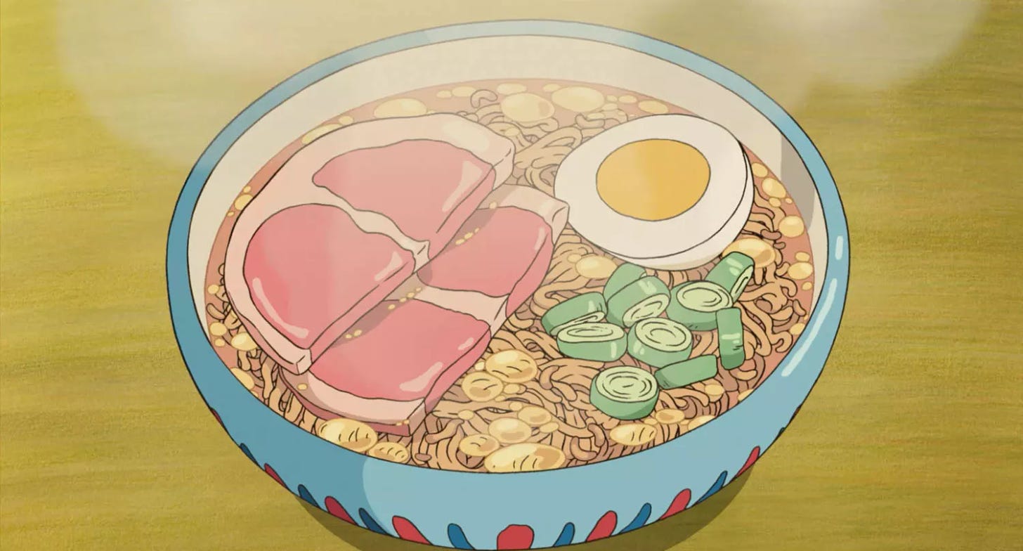 Bowl of instant ramen topped with half a boiled egg, ham, and scallions, from Studio Ghibli film Ponyo