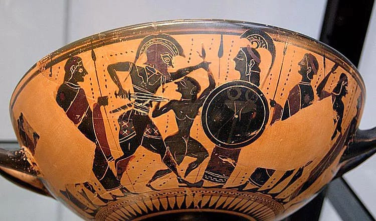 Ajax snatching Cassandra from the Palladium. Attic black-figure Kylix, c. 550 B.C.