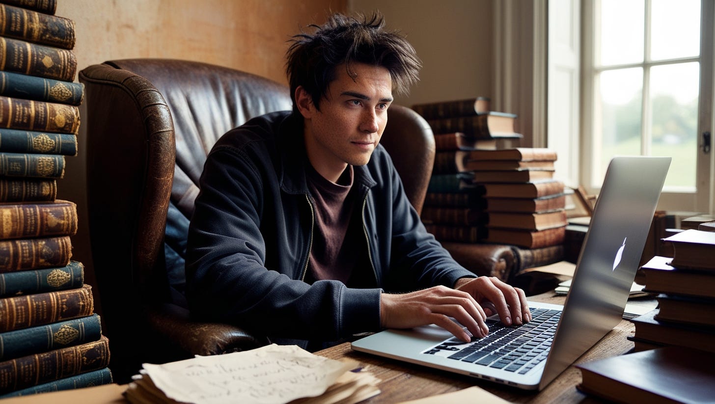 A focused young writer with a gentle, introspective expression, likely in their early twenties, sits comfortably in a worn, brown leather armchair, surrounded by stacks of old, leather-bound books with golden lettering and dog-eared pages, the warm, natural light from a nearby window casting a soft glow on their determined face, with a subtle, golden Undertone, and a sprinkle of freckles across the bridge of their nose, their dark brown hair messy and unkempt, as they intensely type away on a sleek, silver laptop, its keyboard glowing softly, with a few sheets of crumpled, handwritten notes scattered around the base of the laptop, amidst the cluttered, yet cozy, book-filled atmosphere.