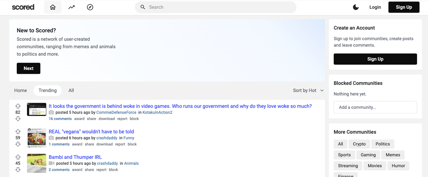 Showing the Scored landing page, with similar UX to Reddit