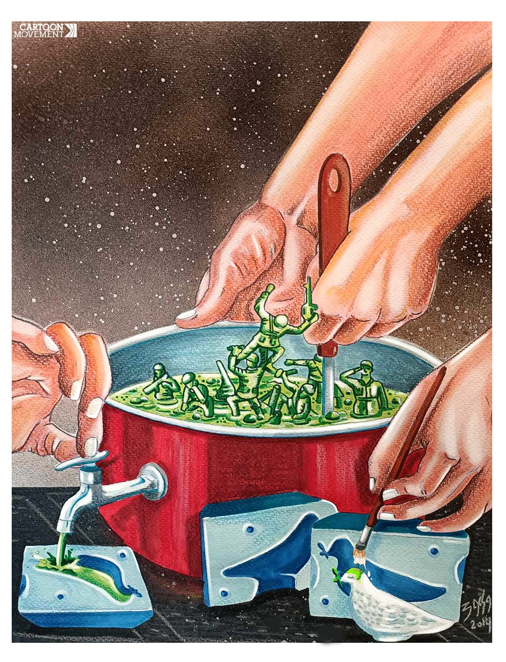 Cartoon showing green plastic being melted in a pan. The melted plastic is poured into molds in the shape of doves of peace. After that, the doves are painted white.