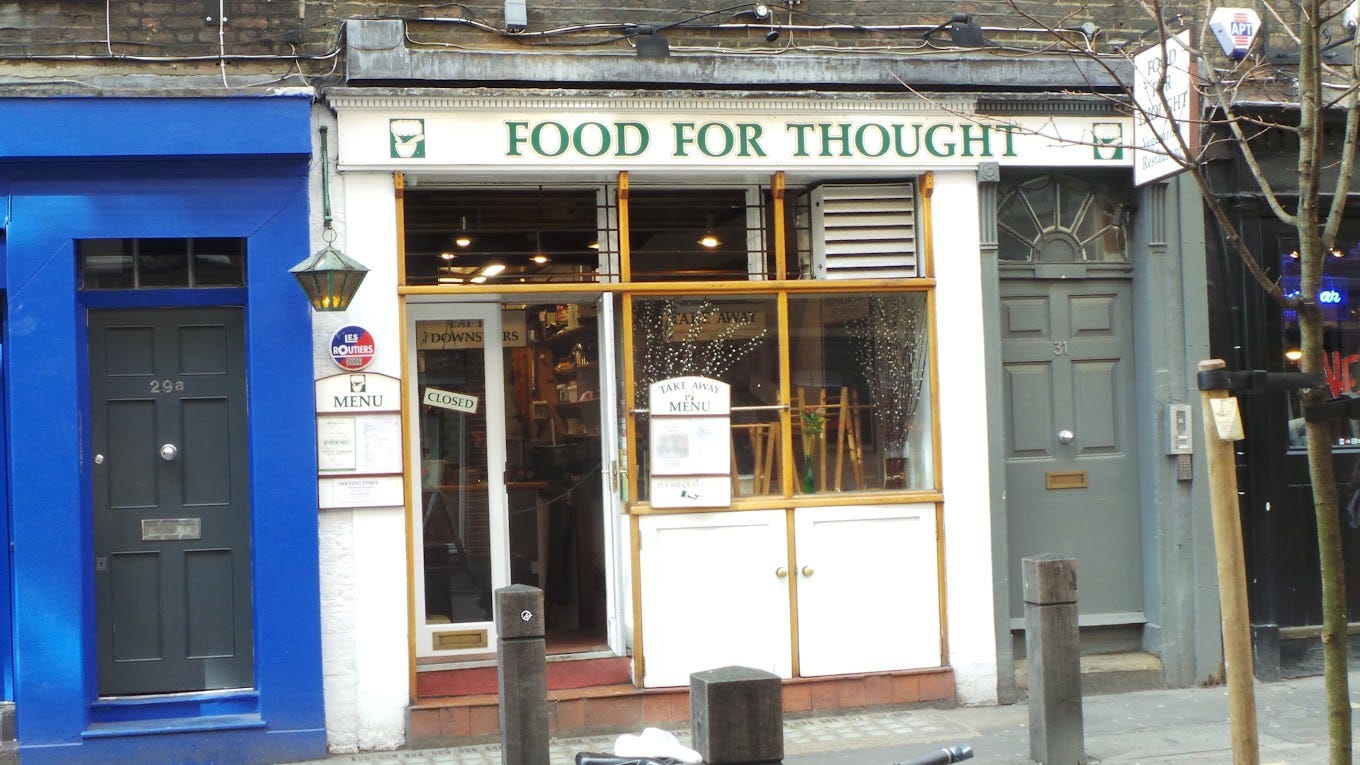 The late lamented Food for Thought, Neal Street, Covent Garden, London