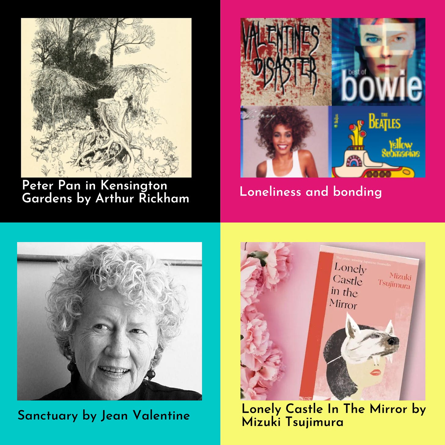 4 colour blocked tiles with recommendations including Peter Pan in Kensington gardens, a spotify playlist, an image of Jean Valentine and Lonely Castle in the Mirror, a book