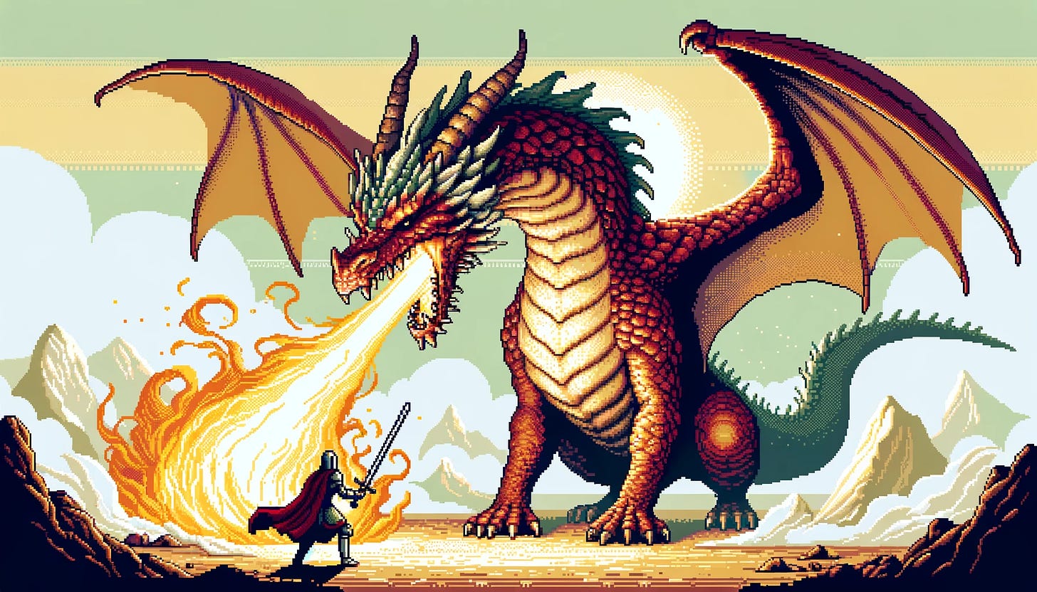 A dragonslayer faces a dragon.