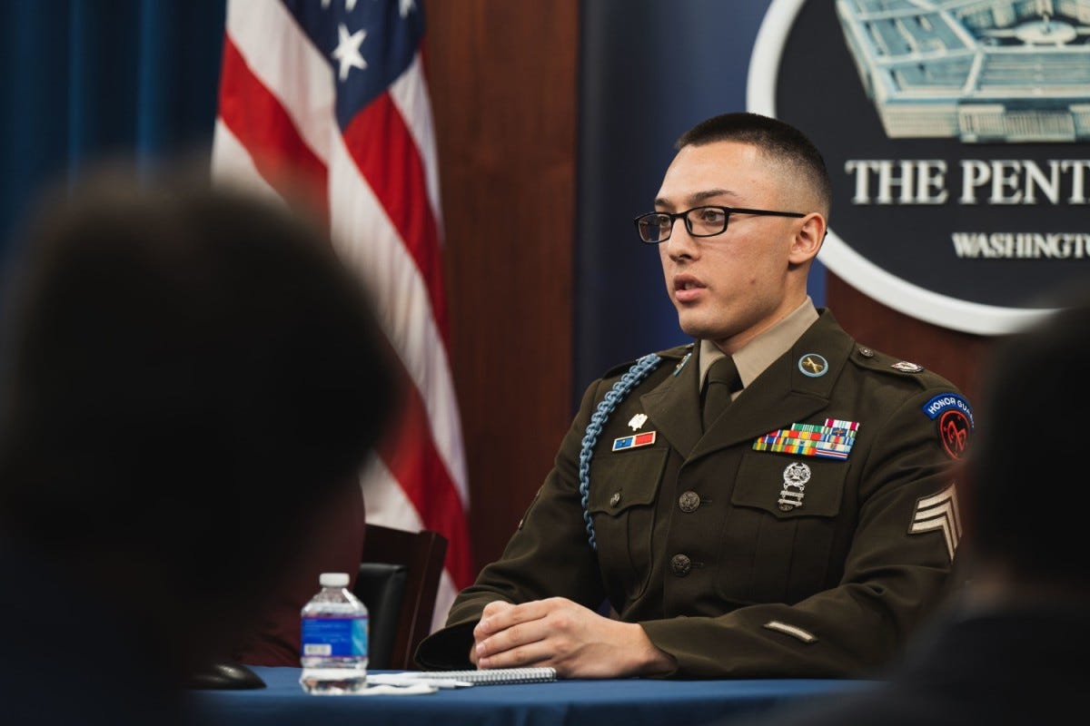 U.S. Central Command Chief Technology Officer Schuyler Moore and U.S. Army Sgt. Mickey Reeves, the winner of CENTCOM’s 2022 Innovation Oasis, conduct a press briefing on artificial intelligence and unmanned systems at the Pentagon, Washington, D.C., Dec. 7, 2022. (DoD photo by U.S. Navy Petty Officer 2nd Class Alexander Kubitza)