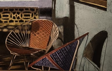 Photo of part of a painting depicting two old-fashioned seashell chairs with metal frames and bright plastic wire backs.