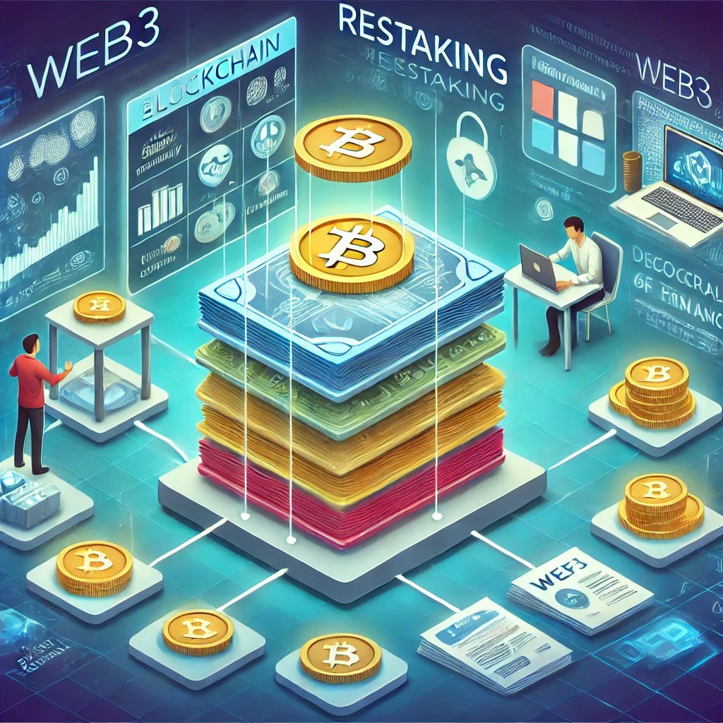 An illustration representing restaking for a Web3 project. The image shows blockchain layers stacked on top of each other, with digital coins being moved between layers symbolizing restaking. A project creator is shown overseeing the layers, with symbols of network security, governance, and liquidity. There are visual elements of smart contracts, tokens, and decentralized finance (DeFi) icons in the background, showcasing both the advantages and complexities of restaking. The color scheme is modern and tech-focused, with a clean and professional look.