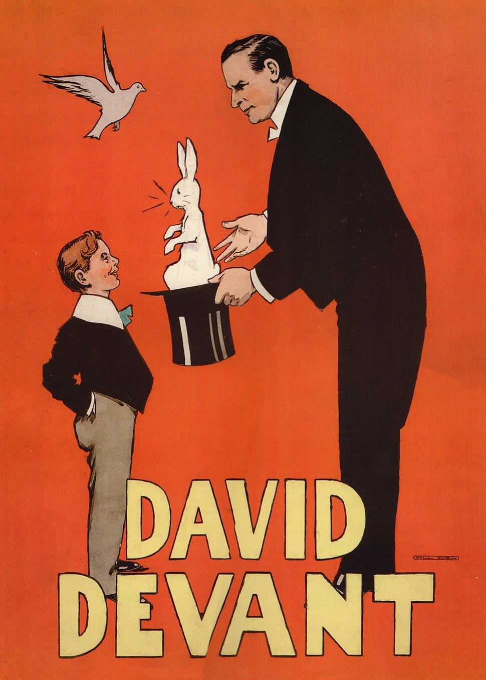 A magic poster showing a magician producing a rabbit out of a top hat in front of a young boy.