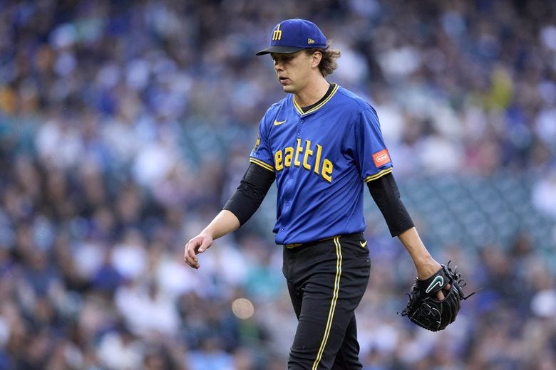 Seattle Mariners starting pitcher Logan Gilbert walks off the field after the second inning against the Miami Marlins, Friday, April 25, 2025, in Seattle. (John Froschauer / The Associated Press)