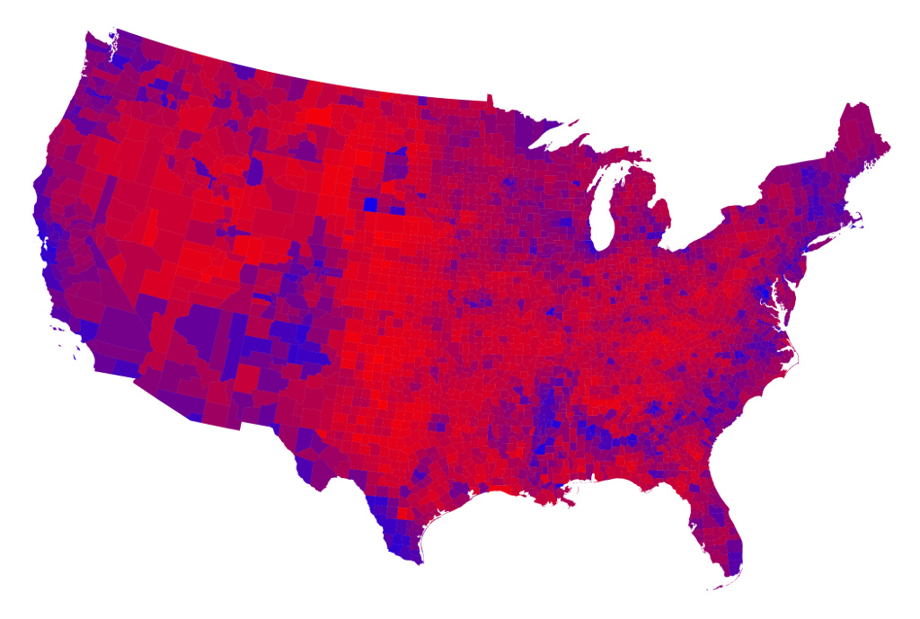 2016 U.S. electoral map by county, with more detailed shades of purple