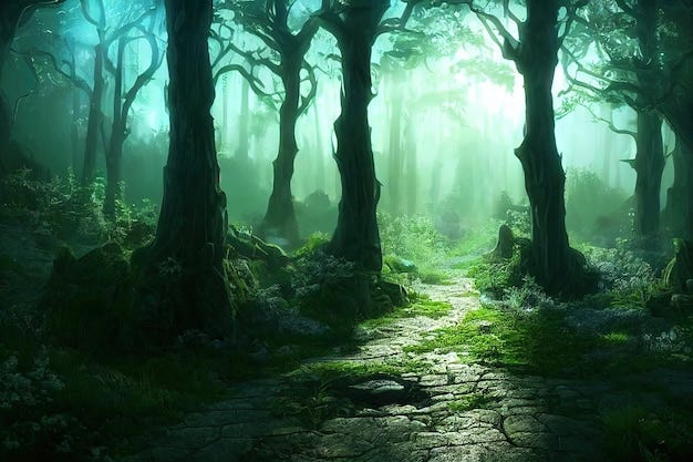 Premium Photo | Dark forest with a stone path along the dark tree trunks in  the fog 3d illustration