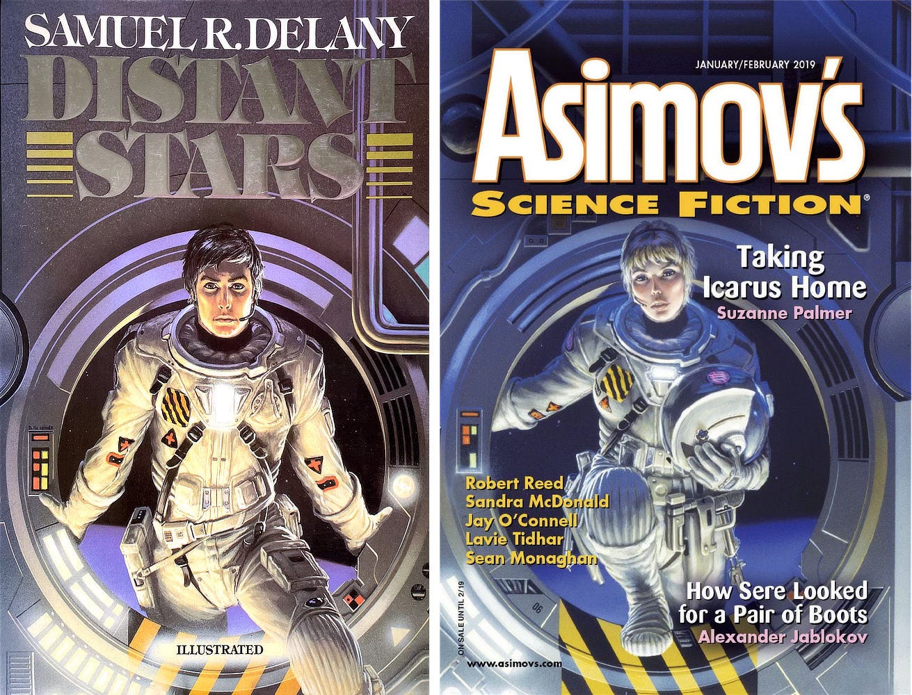 LEFT: Book cover for DISTANT STARS by Samuel R. Delany (DAW)  RIGHT: Magazine cover for ASIMOV’S SCIENCE FICTION dated January/February 2019